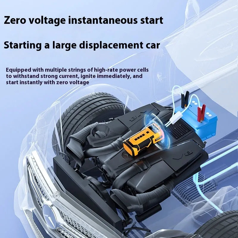 Black and yellow car jump starter with SOS light and Type-C charging cable
