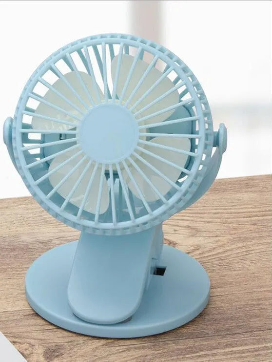 USB rechargeable clip fan in white with battery options for desktop and stroller use