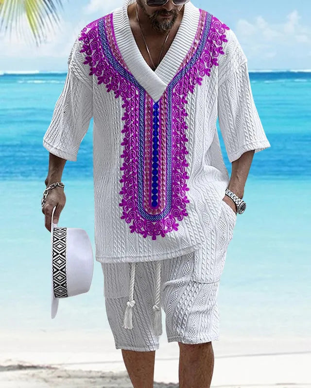 Men's printed knitted shorts suit with drop-shoulder short-sleeved top and matching shorts