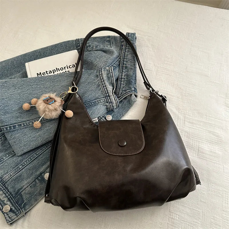 Women's black PU leather single shoulder bag with horizontal square design and large capacity