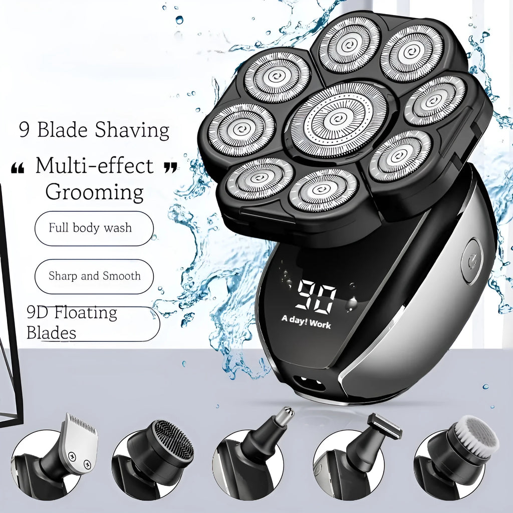 Black rechargeable 6-in-1 hair clipper grooming kit with attachments laid out.