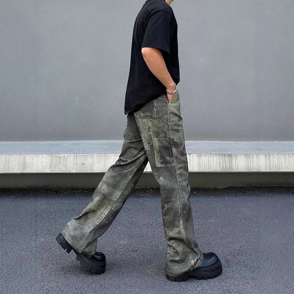 Men's straight leg jeans with digital camouflage pattern in denim fabric