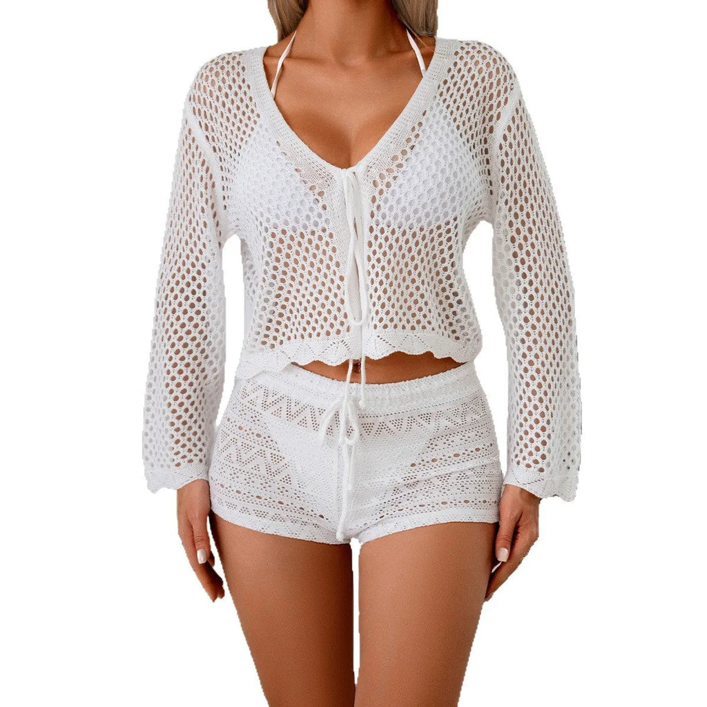 Women's hollow woven cardigan blouse with bell sleeves in short length available in four solid colours