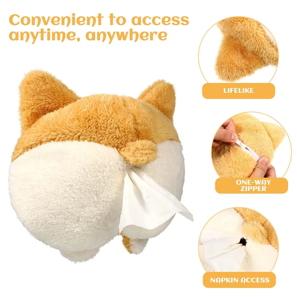 Yellow corgi butt-shaped car tissue box holder mounted on sun visor with elastic backing