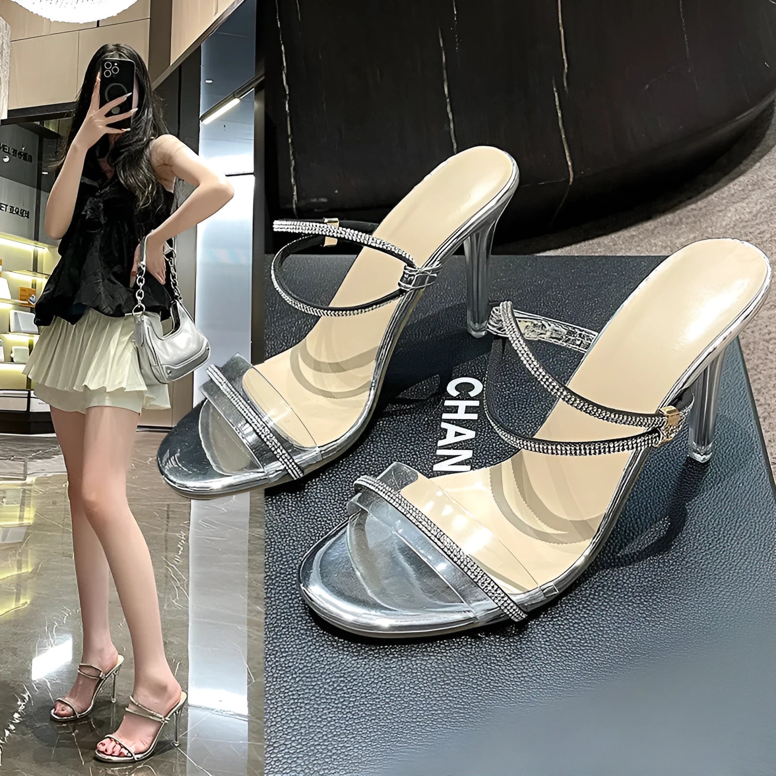 Women's black rhinestone stiletto heel sandals with round toe and PU upper on a white background