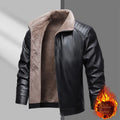 Men's fleece-lined thickened real leather jacket in black, casual leisure outerwear