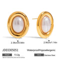 Close-up of women's stainless steel vintage pearl stud earrings with a silver-toned electroplated finish.