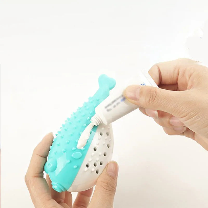 Blue silicone fish-shaped cat chew toy with measurements showing 12.2 cm length