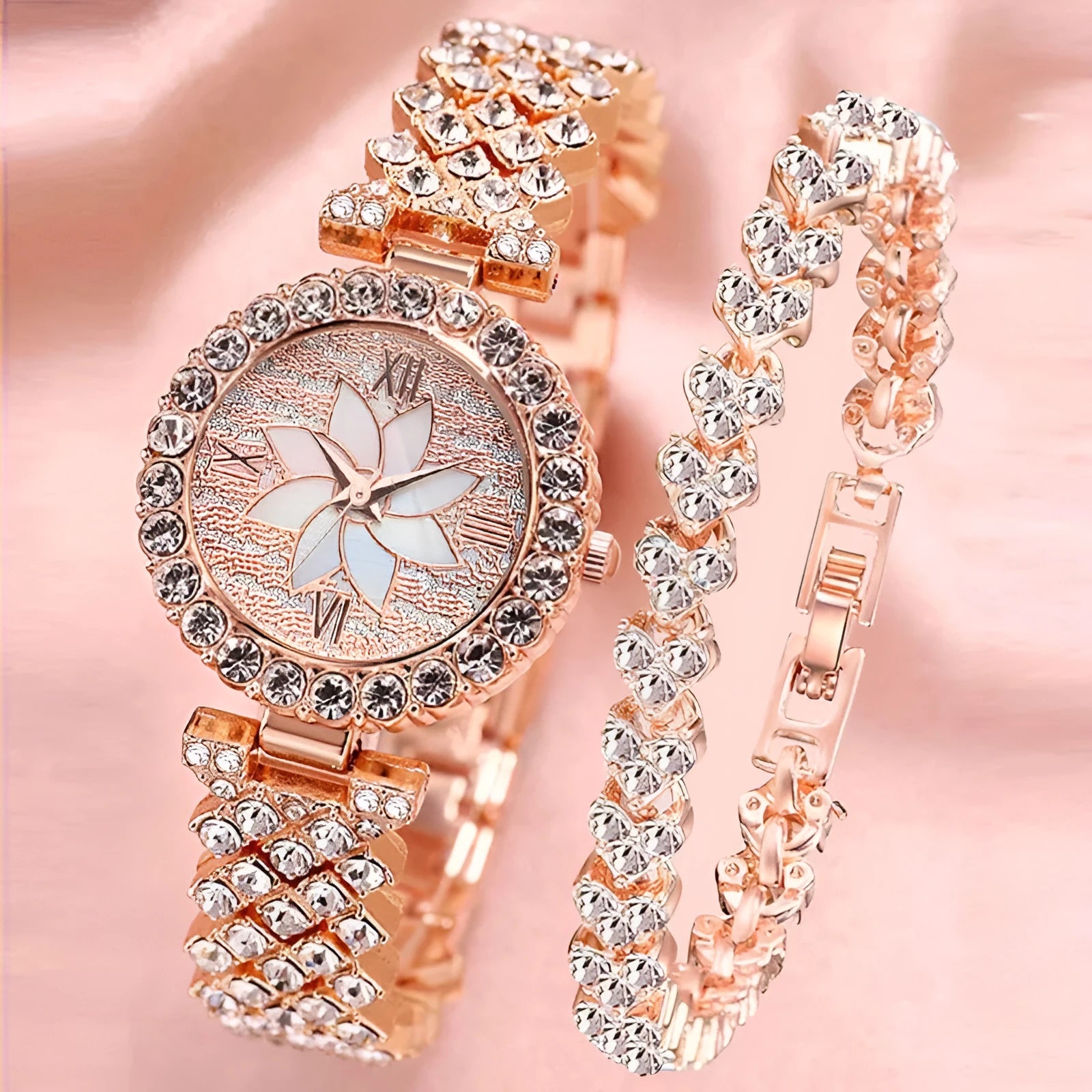 Diamond-embedded starry sky flower disk bracelet watch set for women rose gold 7mm quartz