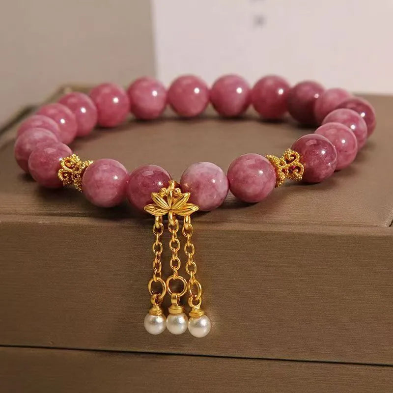 Natural stone women's bracelet with pink lotus tassel and pearl pendant beads in new Chinese style