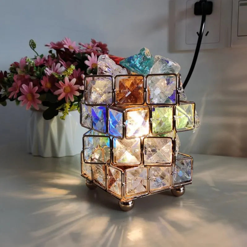 Crystal salt lamp on table with LED glow, light luxury style, large square crystal and salt option