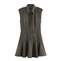 Women's short dress with padded shoulder laminated decoration, striped pattern, asymmetric hem, long sleeves, mid waist