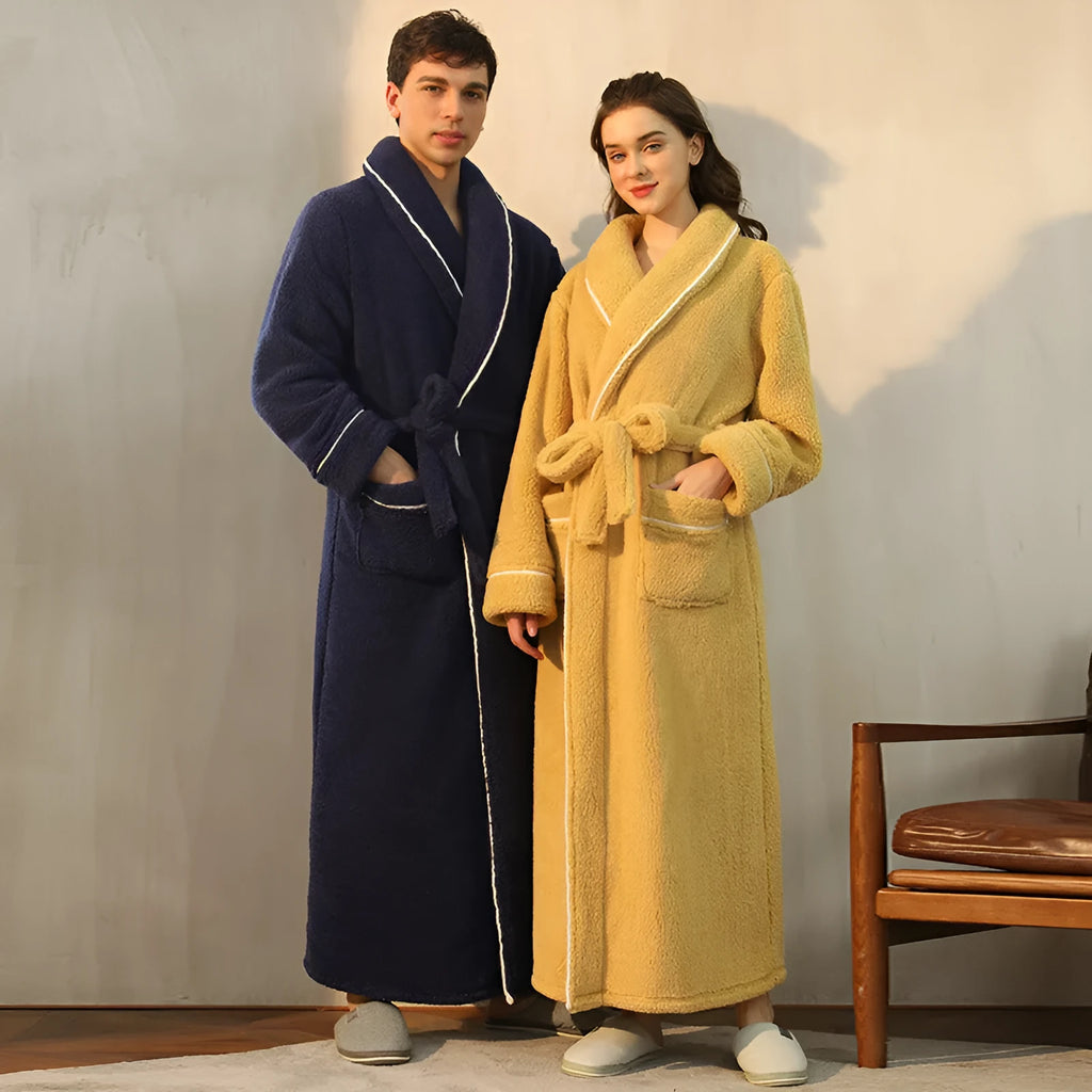 Men's and women's thick flannel bathrobe couple set in winter colours with extended plus sizing