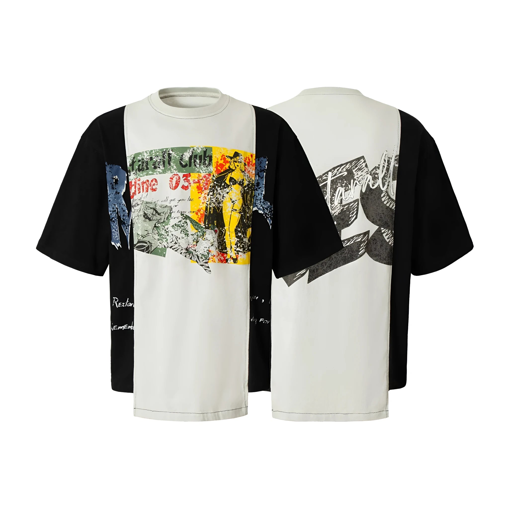 Black and white deconstruction printed cotton blend t-shirt with loose fit and short sleeves