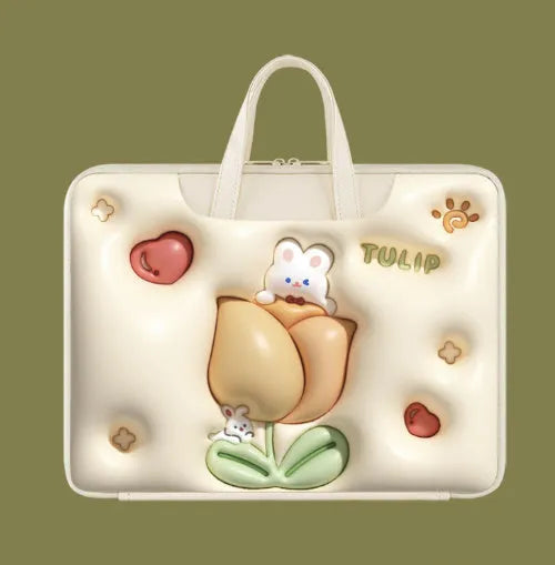 Inflatable grey laptop bag with a cute panda design, showing the inflation valve and back strap for attaching to suitcase handle.