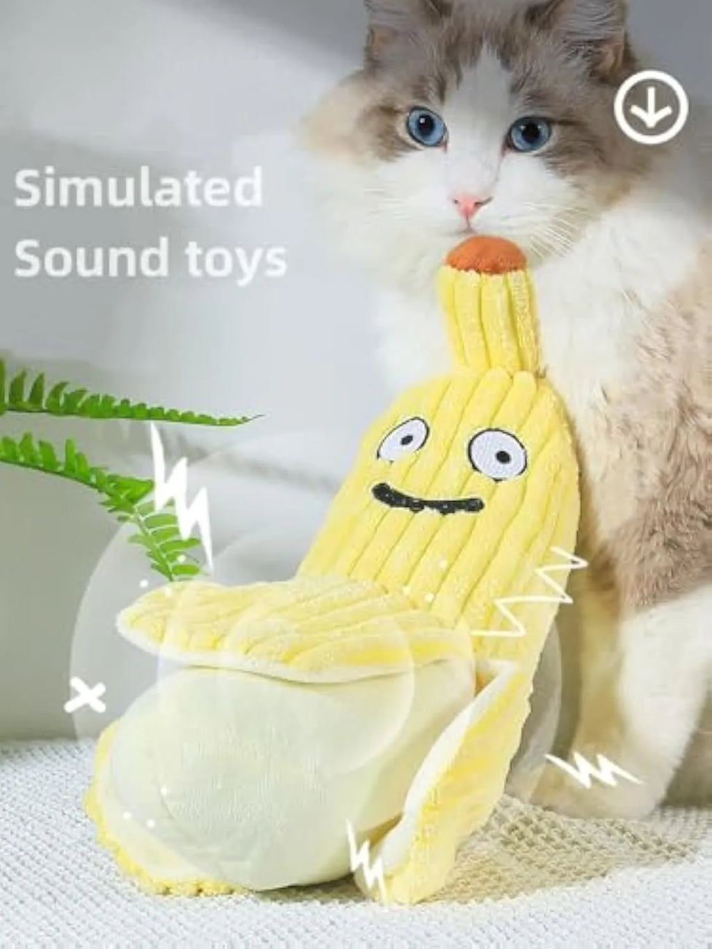 Yellow banana-shaped plush cat toy with a textured velvet strip, shown next to a cat for scale.