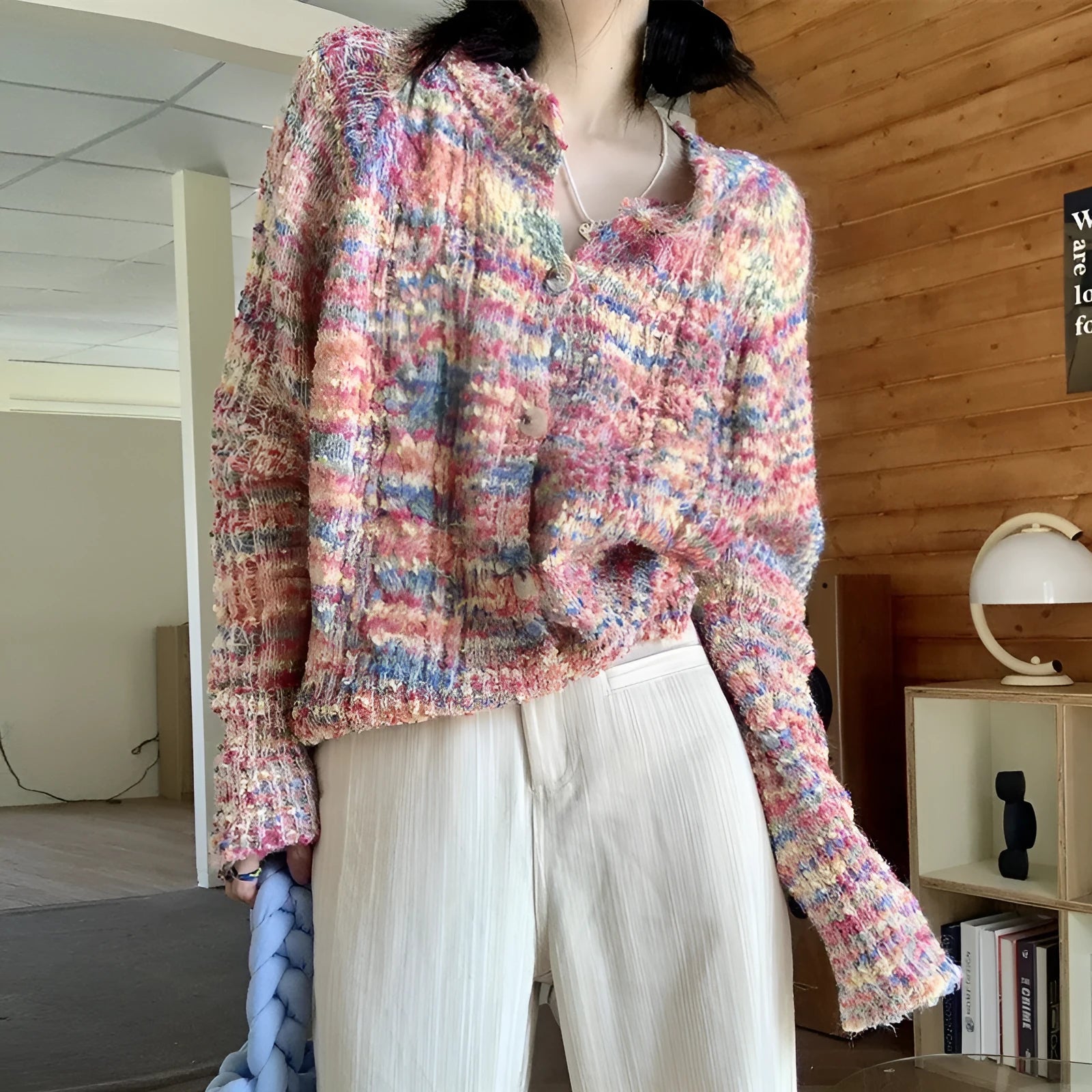 Rainbow pattern knitted cardigan in acrylic fibre with slim fit and regular sleeves