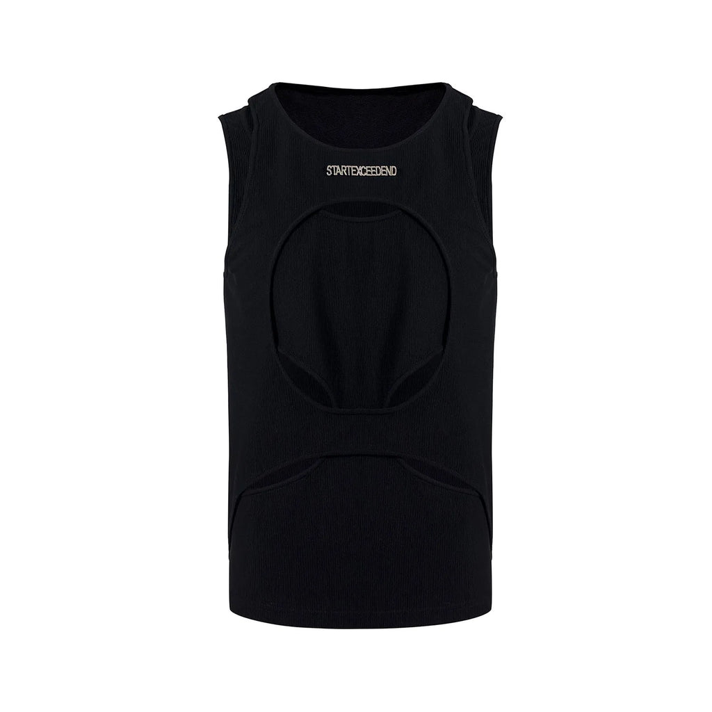 Men's loose black and white hollow knit sleeveless summer vest on a hanger.