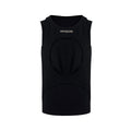 Men's loose black and white hollow knit sleeveless summer vest on a hanger.