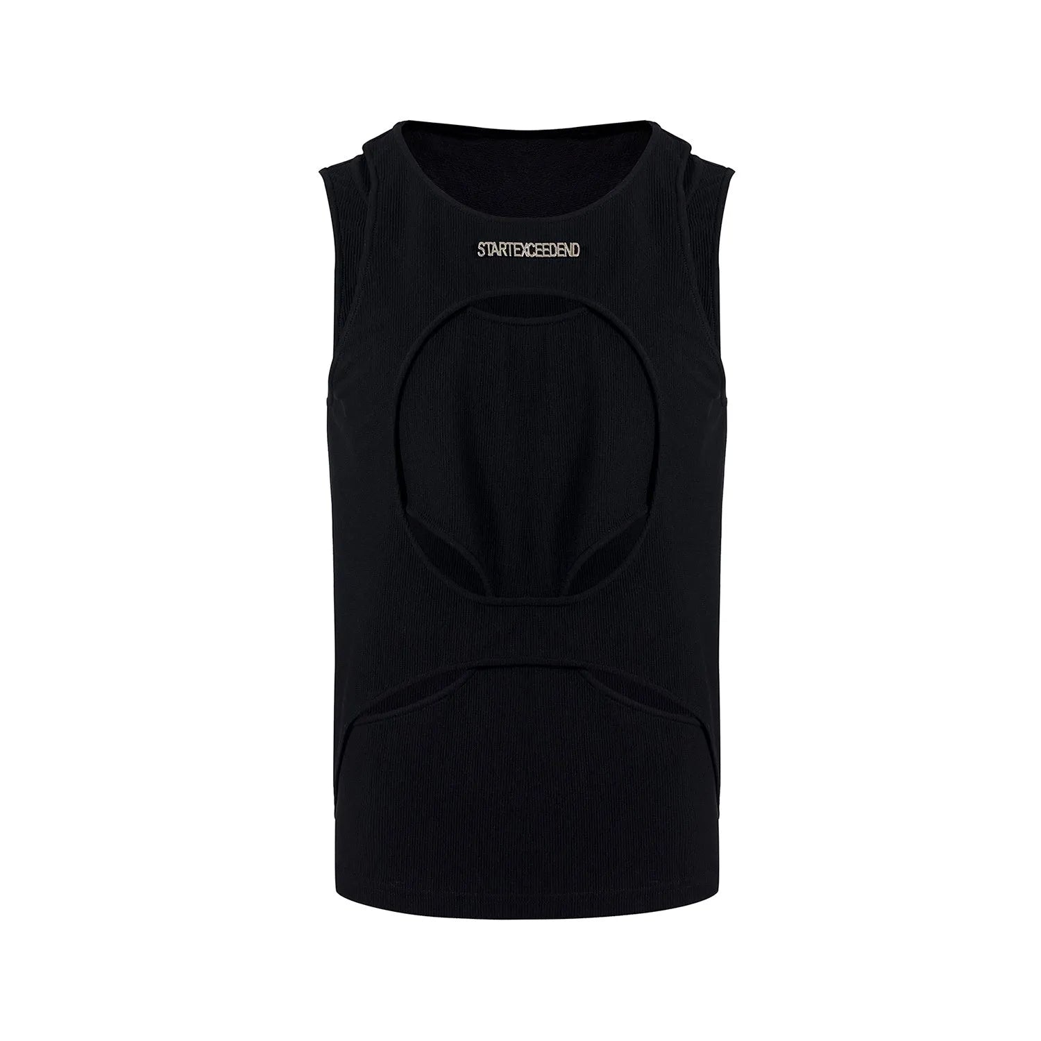Men's loose black and white hollow knit sleeveless summer vest on a hanger.