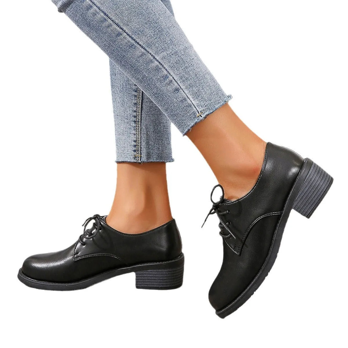 Black women's work shoes with thick chunky heel and professional PU leather upper