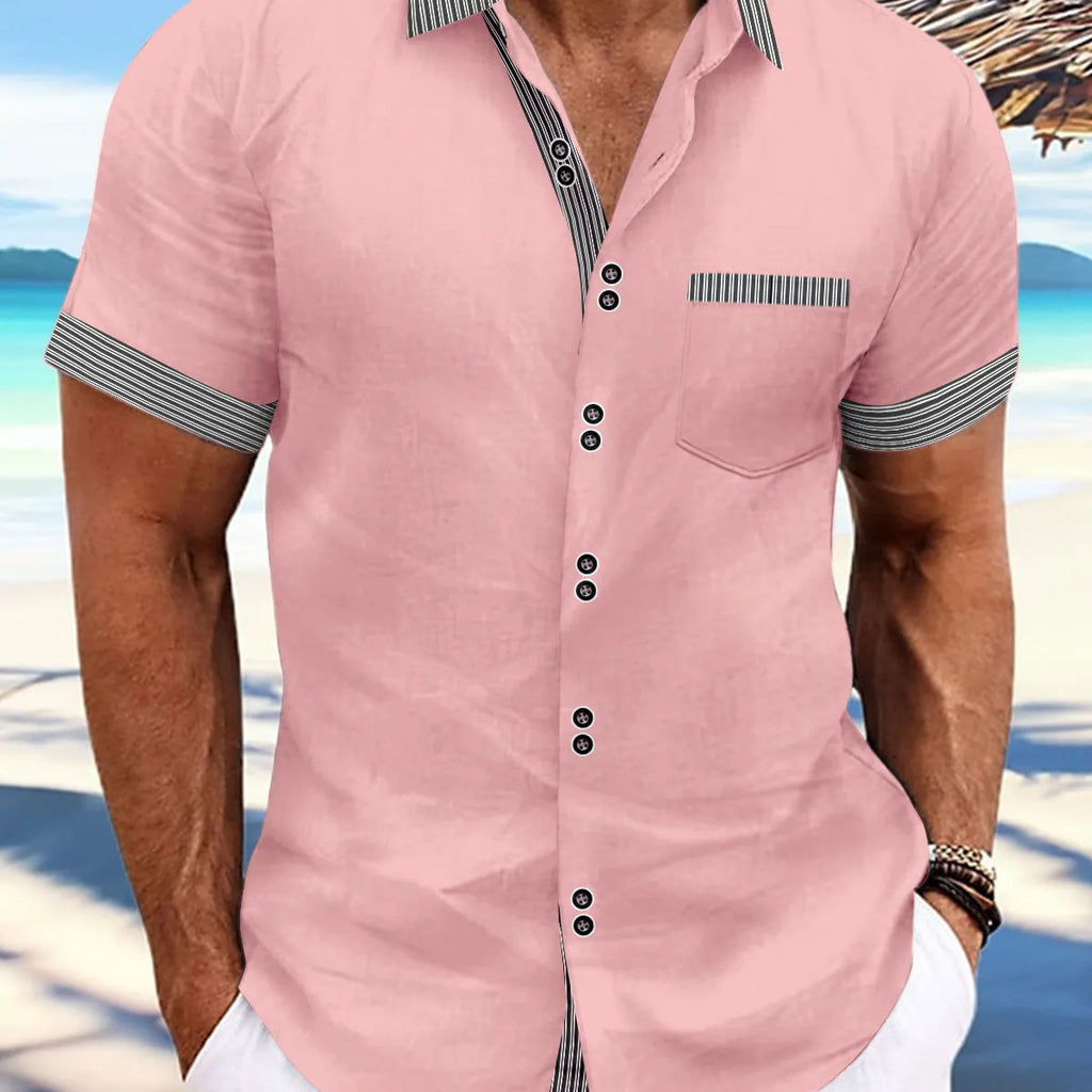Men's pure cotton striped slim fit casual shirt with double-button short sleeves in light blue colour