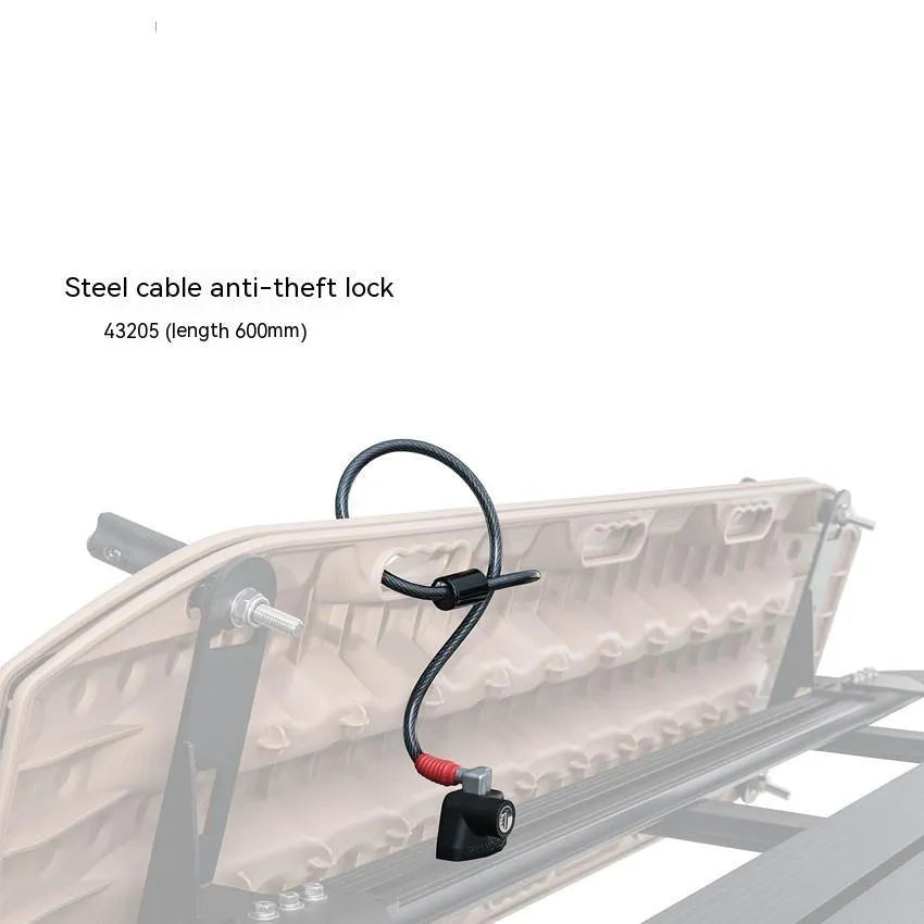 Plastic-sheathed steel cable lock for securing equipment to a vehicle roof rack.