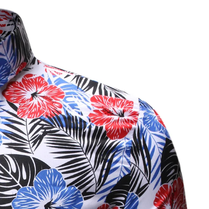 Men's summer beach short-sleeved floral shirt with square collar in blue polyester fibre