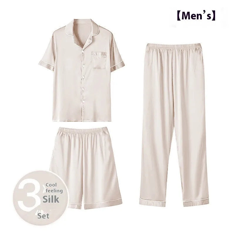 Men's ice silk three-piece homewear suit in a choice of colours including black, blue and champagne.