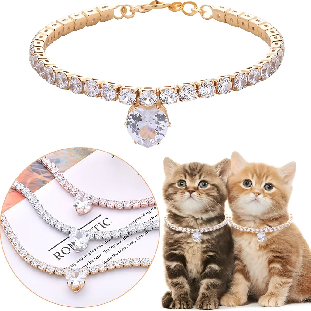 Rhinestone heart-shaped pet collar for dogs and cats in gold, platinum, and rose gold colours