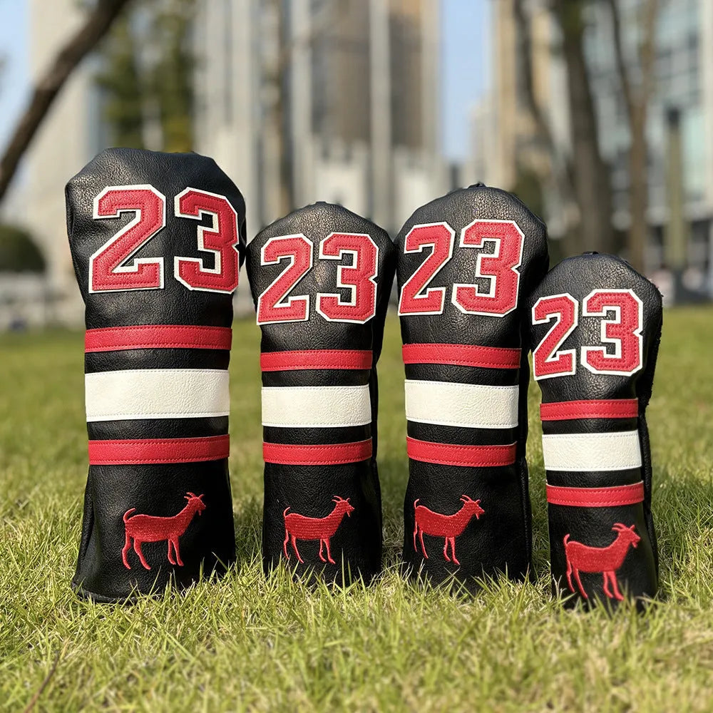 Ram No 1 golf club headcover set showing red, black, white, and yellow PU iron covers and a square putter sleeve.
