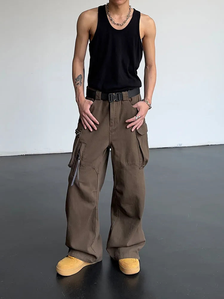 Vintage high waist loose wide leg trousers in coffee colour for women polyester fabric side view