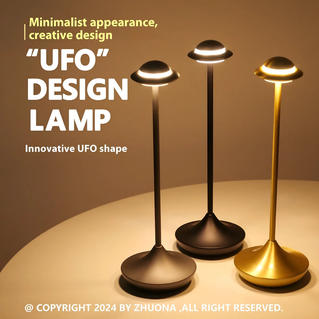 Modern UFO-shaped metal table lamp in black, gold, or grey with touch dimming controls.