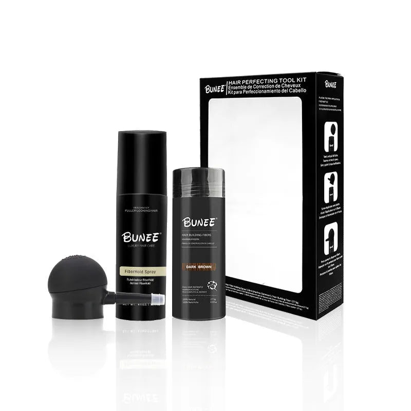 Dense Hair Fibre 275g kit with powder canister, shaping spray bottle and application nozzle.
