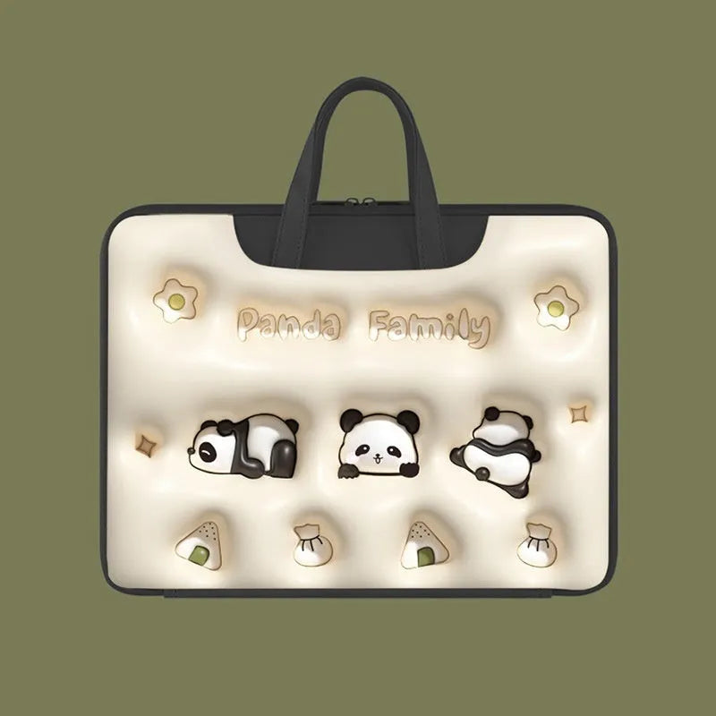 Inflatable grey laptop bag with a cute panda design, showing the inflation valve and back strap for attaching to suitcase handle.