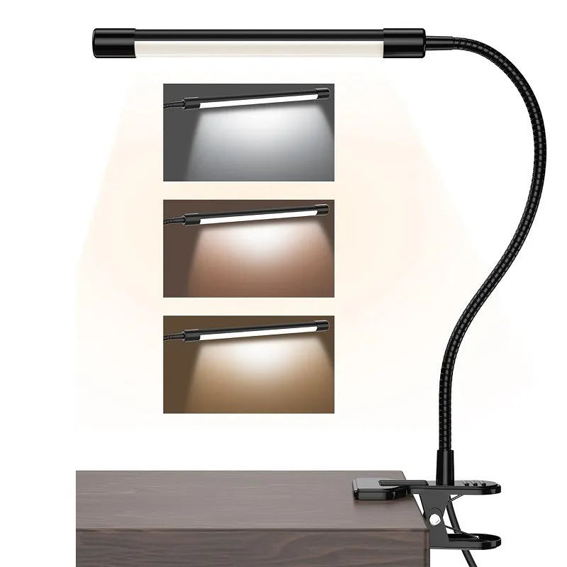 Black and white LED desk lamp with USB cable, 26cm length, for desk use.