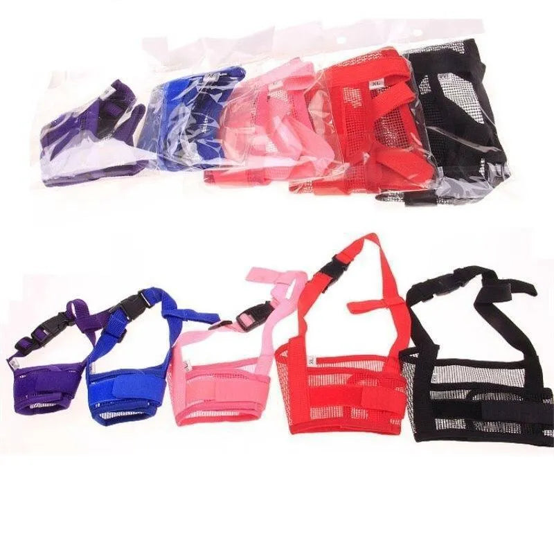 Adjustable plastic dog safety muzzle in black, shown on a size chart.