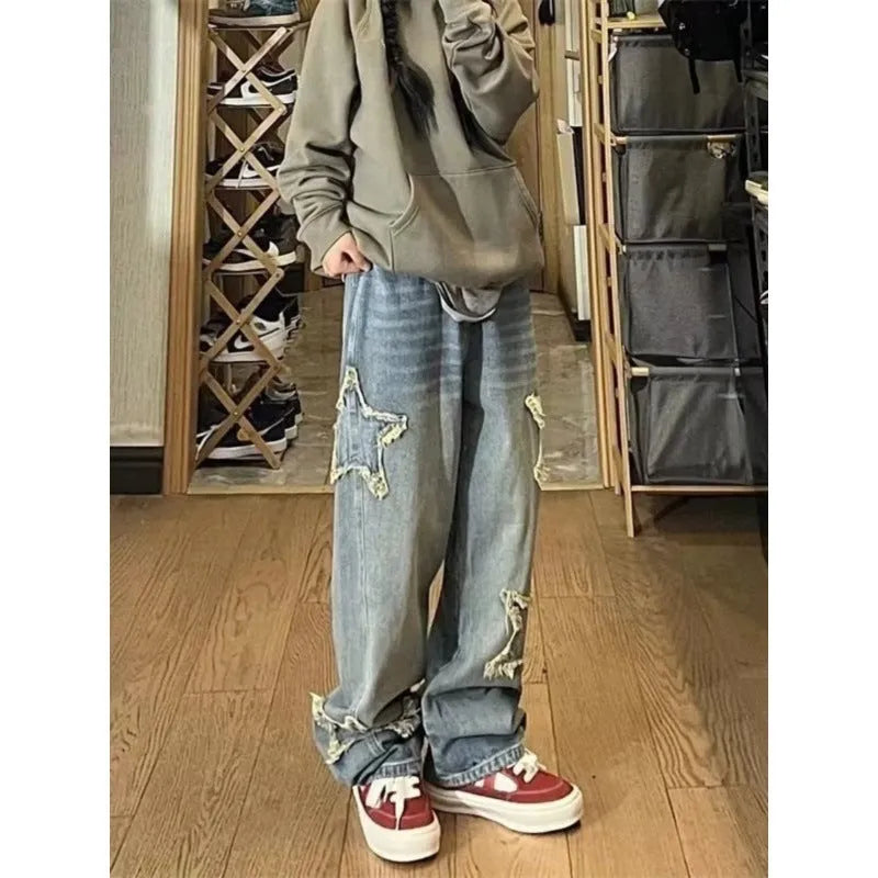 Blue high-waist wide-leg denim trousers with straight cut on mannequin