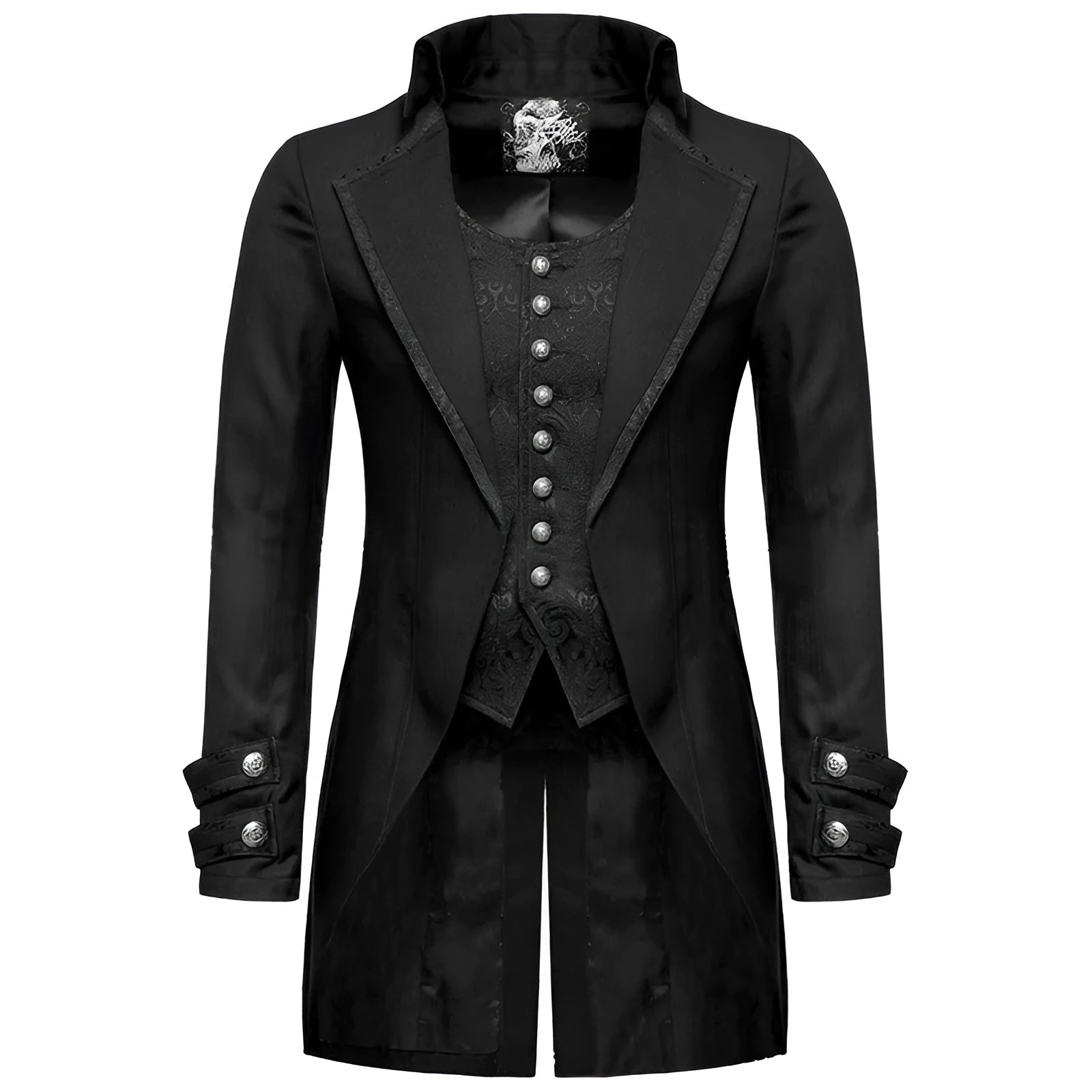 Black Victorian-style morning gown jacket for men's cosplay and gothic costumes.