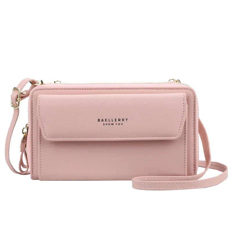 Ladies long wallet messenger bag in soft PU leather with double zipper and cross-body strap