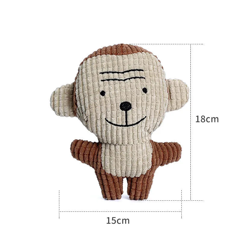 Animal shaped plush dog chew toy with squeaker in blue, brown, cow, grey, pink, white or yellow