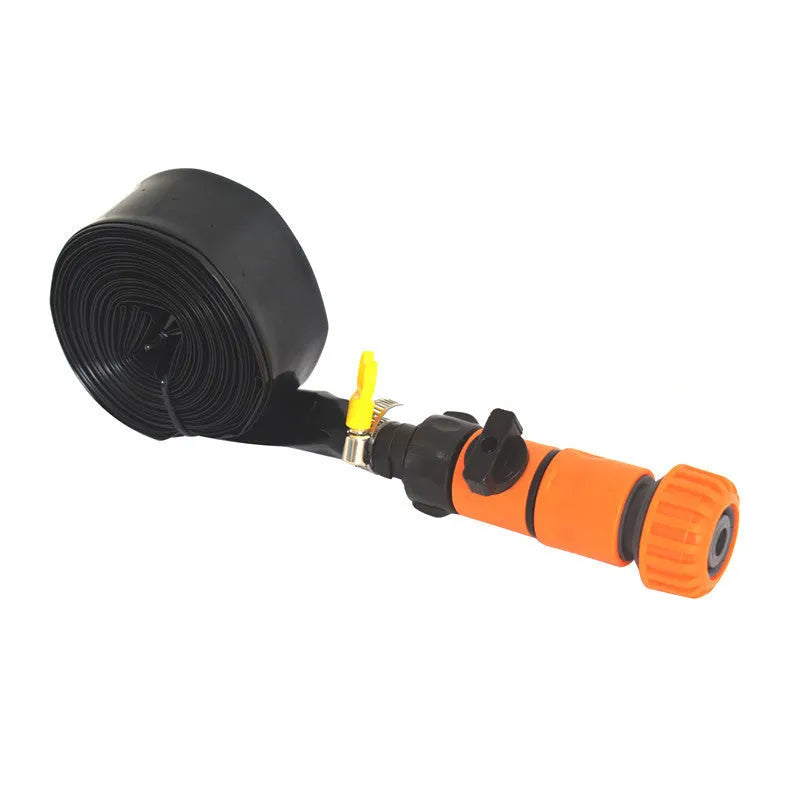 Blue portable garden sprinkler with solar water cooling system and PVC hose