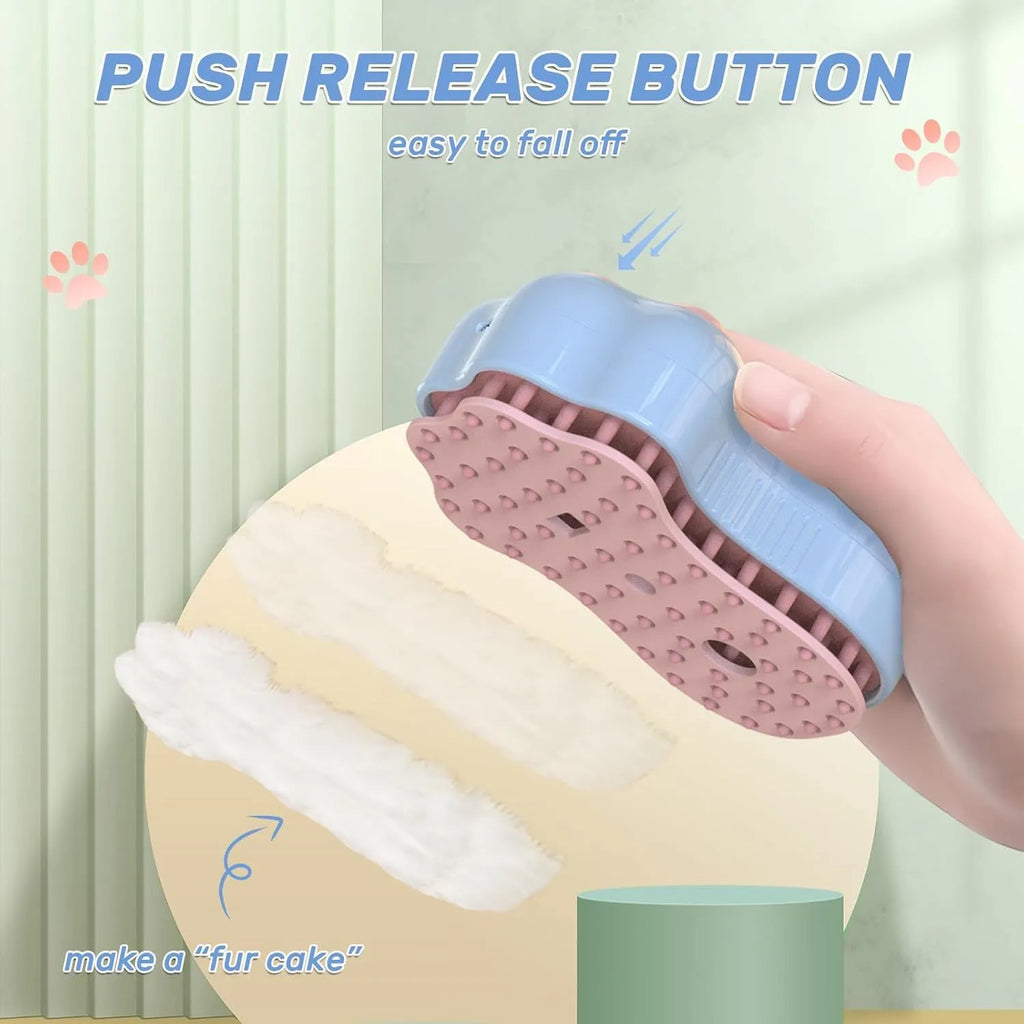 Blue self-cleaning cat grooming brush with silicone bristles and steam spray function on a pink background.