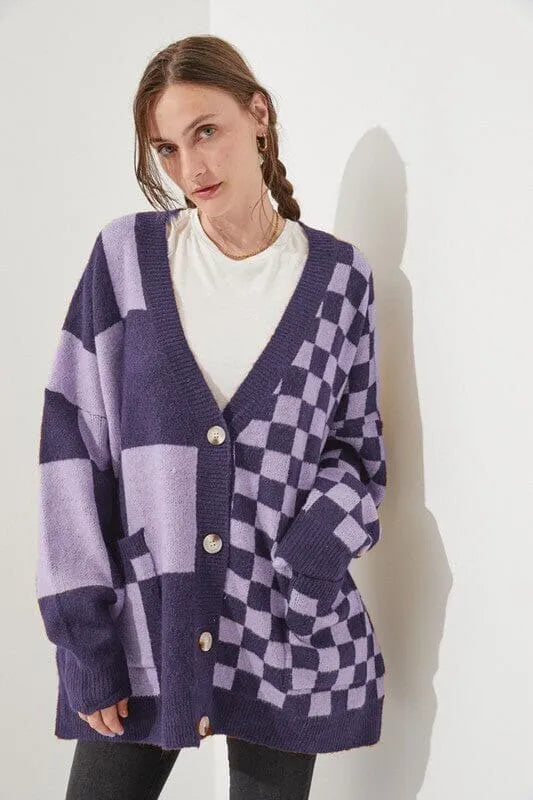 Women's loose slim fit printed checks knitwear cardigan in polyester spandex fabric
