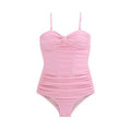 Black women's suspender-style high-waist one-piece swimsuit on a model
