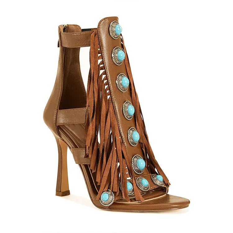 Women's round toe hollow tassel sandals with back zipper and super high heel in black and brown leather-look upper