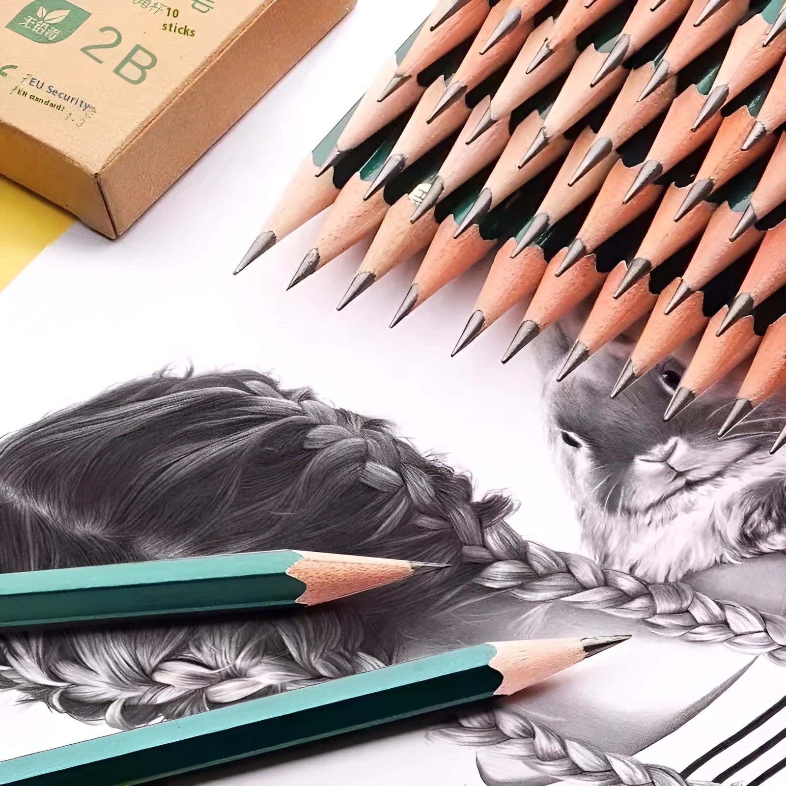 Box of 10 green hexagonal wooden pencils in 2B and HB graphite grades