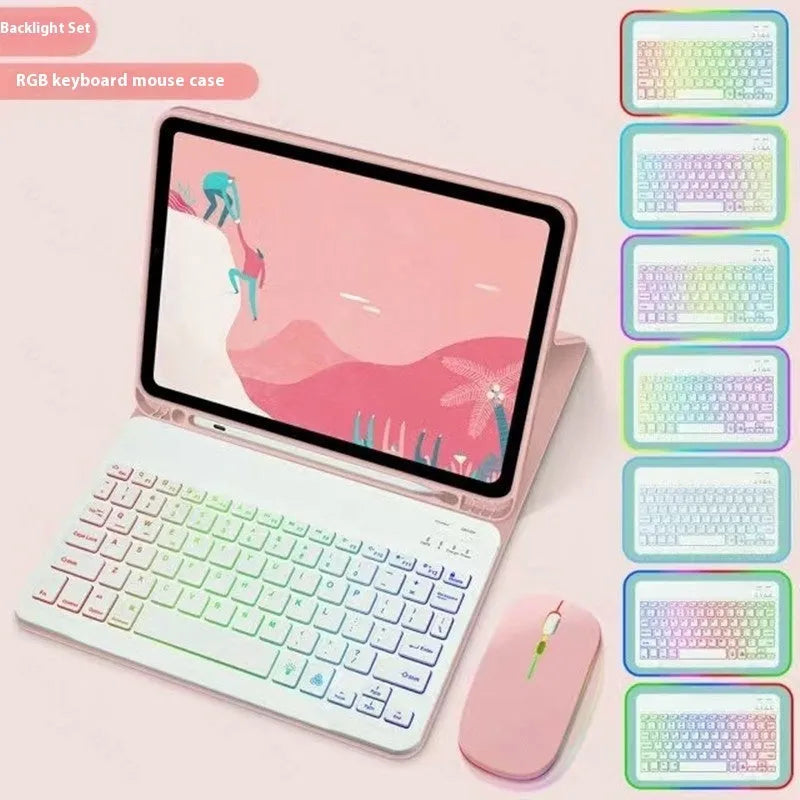 iPad in a colourful TPU leather case with a built-in luminous RGB backlit Bluetooth keyboard and stand open.