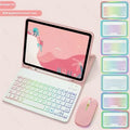 iPad in a colourful TPU leather case with a built-in luminous RGB backlit Bluetooth keyboard and stand open.