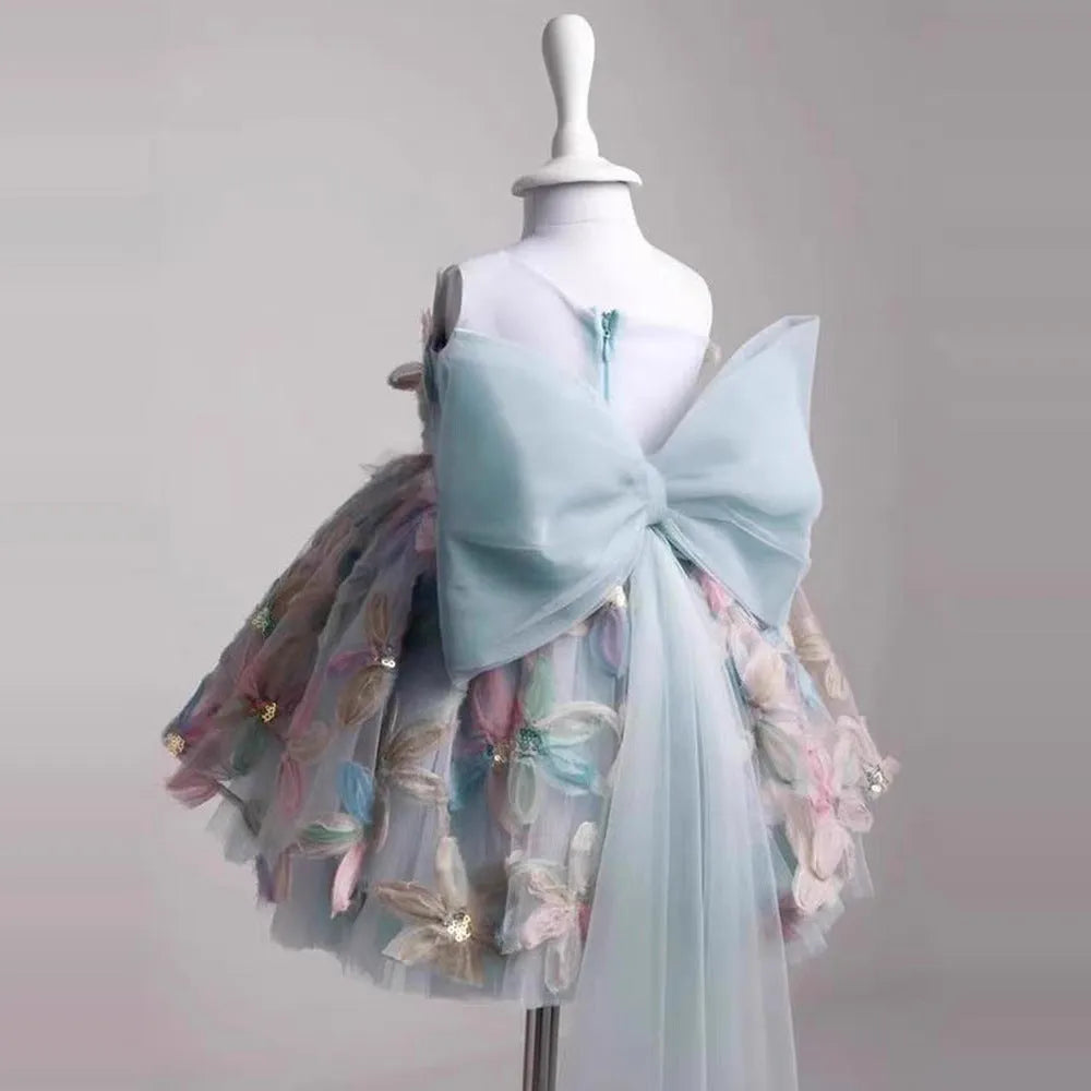 Children's full dress light luxury minority high-end princess style polyester fibre, blue one shoulder, suitable height 80-130cm